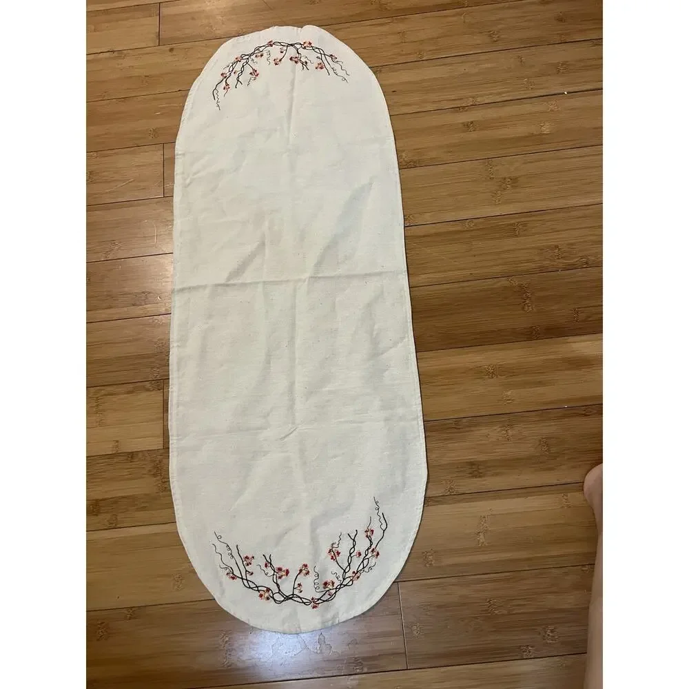 Vintage Handmade Organic Cotton Cottagecore Table Runner Floral Embroidered36x13